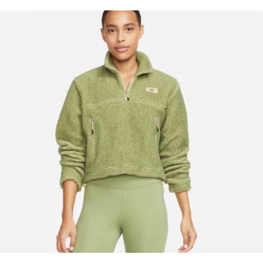 Nike Womens Therma-FIT Cropped Sherpa Fleece Quarter Zip Olive Green XS